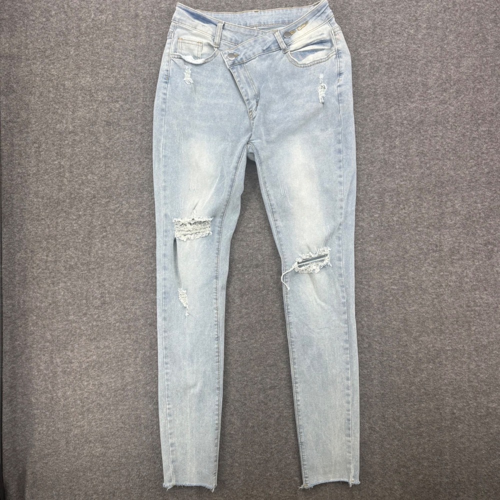 Jeans Light Wash Distressed Crossover Waist Skinny Jeans Size M High Rise Rip